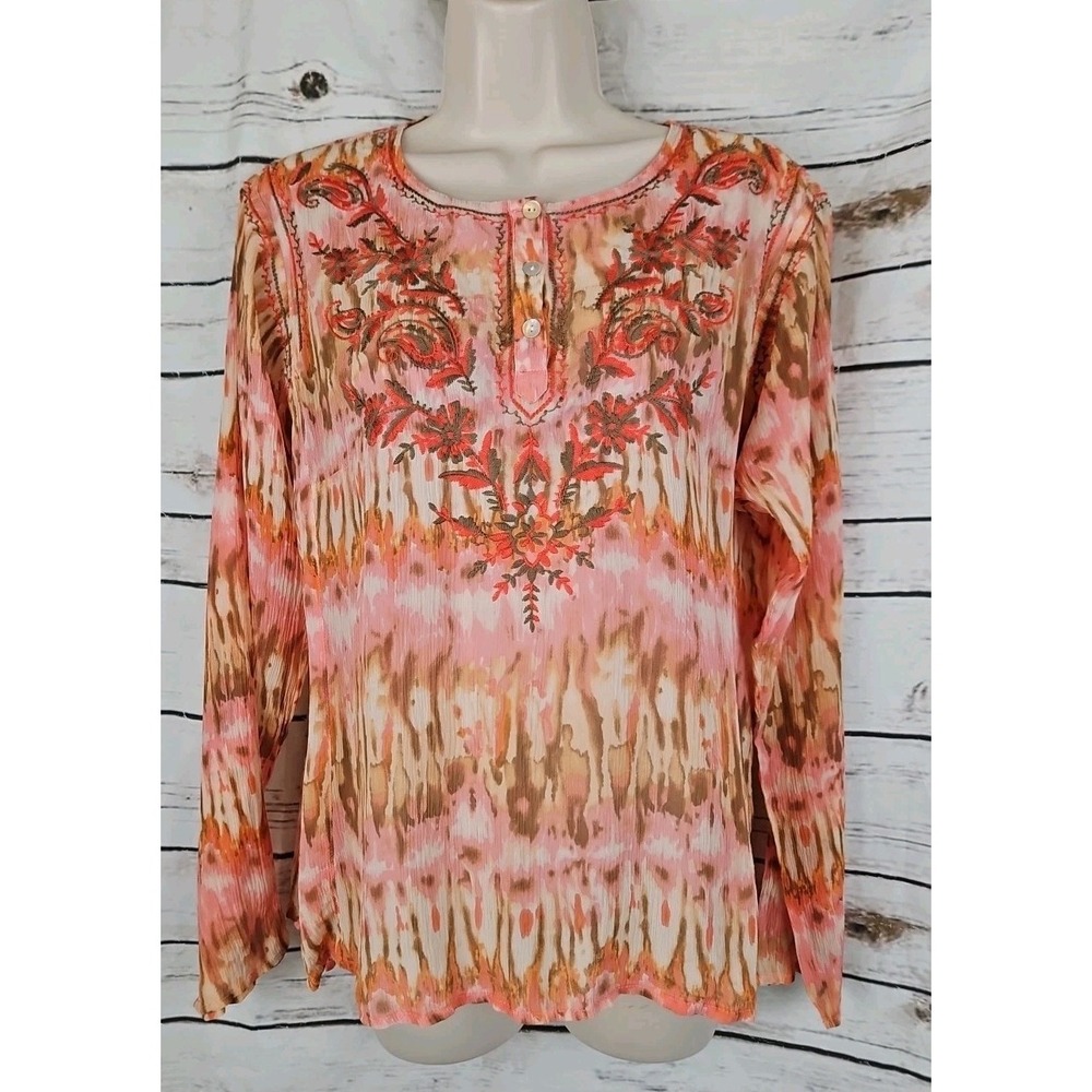 Sundance Embroidered 100% Silk Chiffon Top PL Peasant Sheer Boho Pink Popover